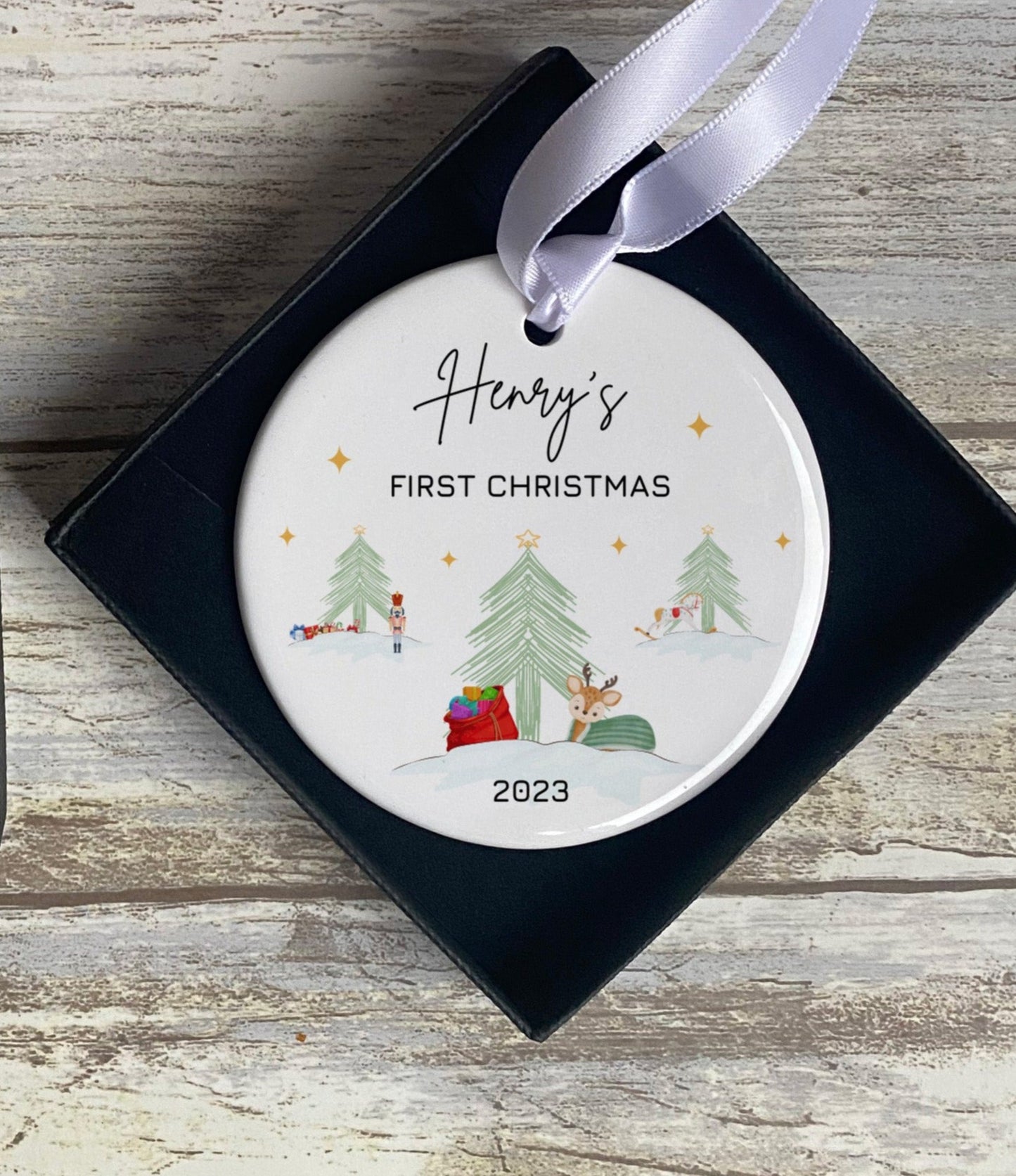 Unique personalised baby’s first Christmas ornament – custom 2023 ceramic bauble gift with festive woodland scene