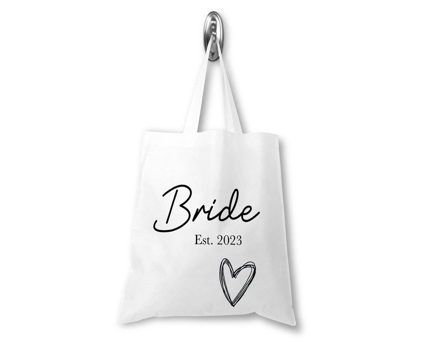 Personalised White tote bag with 'Bride Est. 2023' text and heart design on a white background