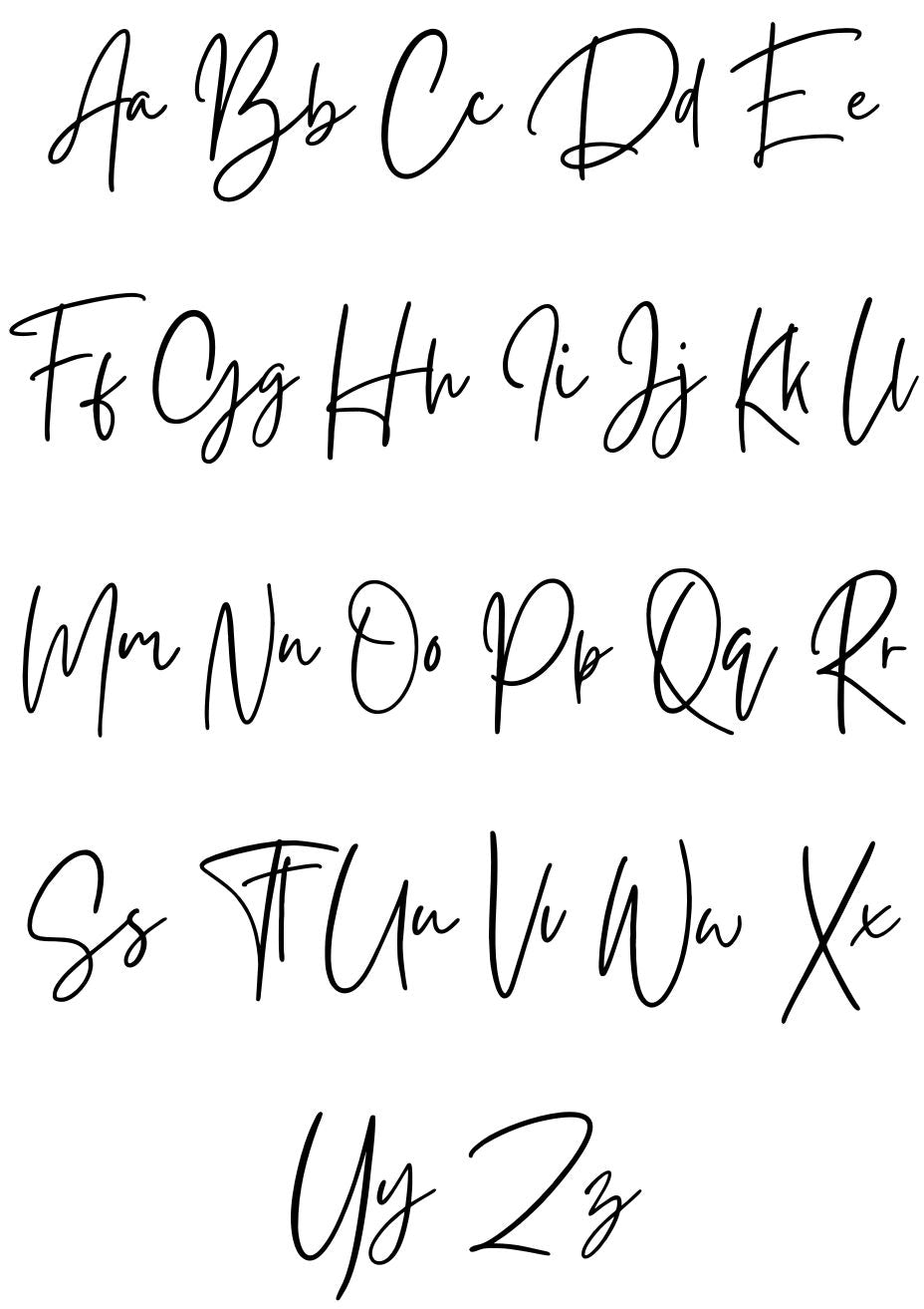 Modern handwritten font alphabet chart – cursive script A to Z uppercase and lowercase letters for custom name printing on personalised gifts and accessories