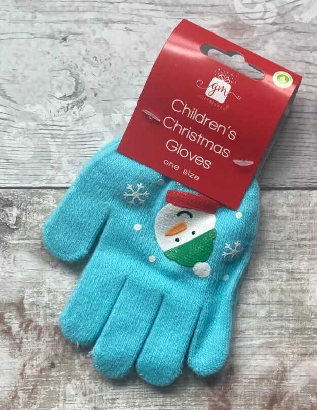 Blue children's gloves with a cheerful snowman face and white snowflakes, packaged with a red Christmas label