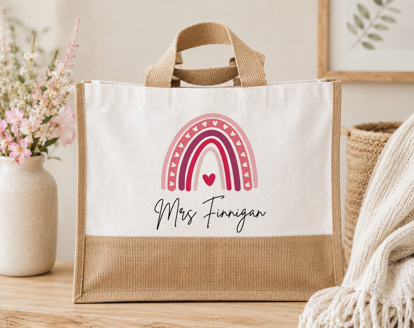 Jute bag with a pink rainbow and heart design, featuring the text 'Mrs Finnigan', on a wooden surface.