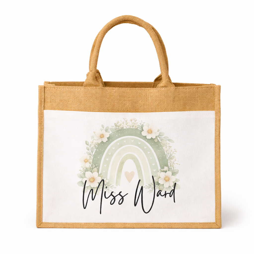 Personalised Teacher Gift Set – Jute Tote Bag, Mug & Jug – End of Term Thank You Present for Teacher or Teaching Assistant – Custom Name