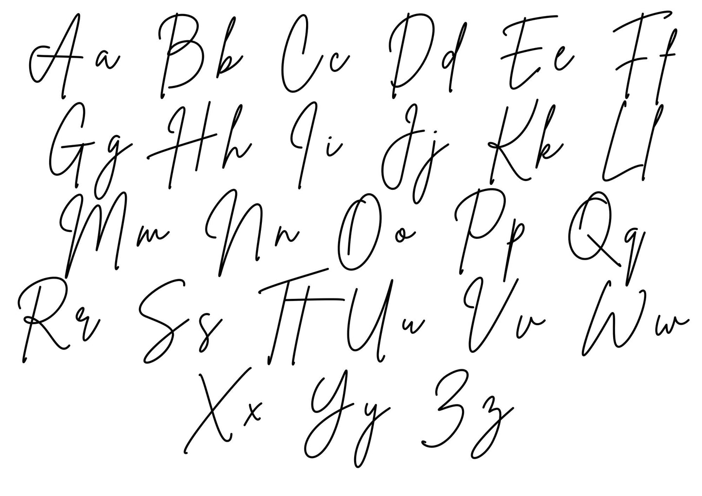 A full alphabet chart displayed in a stylish handwritten script font, showing both uppercase and lowercase letters from A to Z in a flowing, cursive style on a white background.