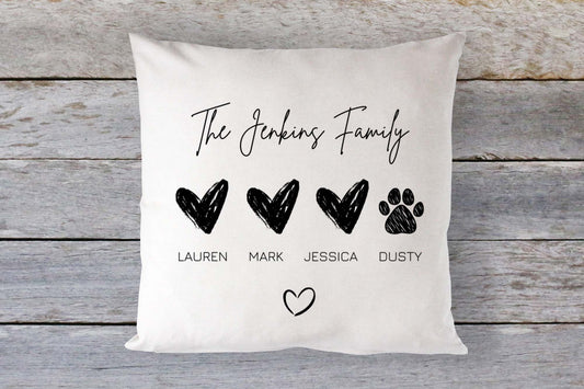 Personalised family cushion with heart and paw print design – custom names gift for families and pet lovers