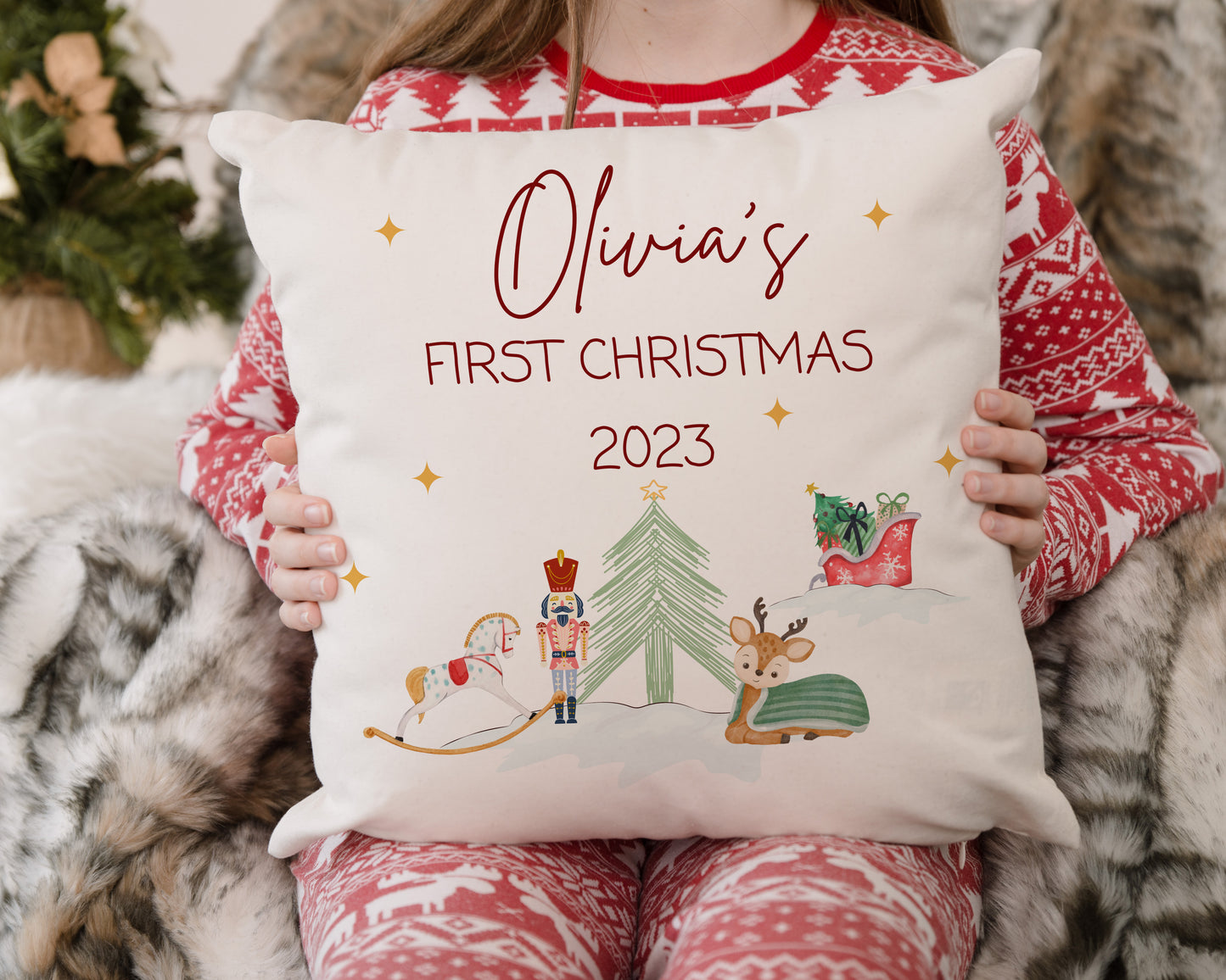 Unique personalised baby’s first Christmas cushion with festive design – custom gift with name and year 2023