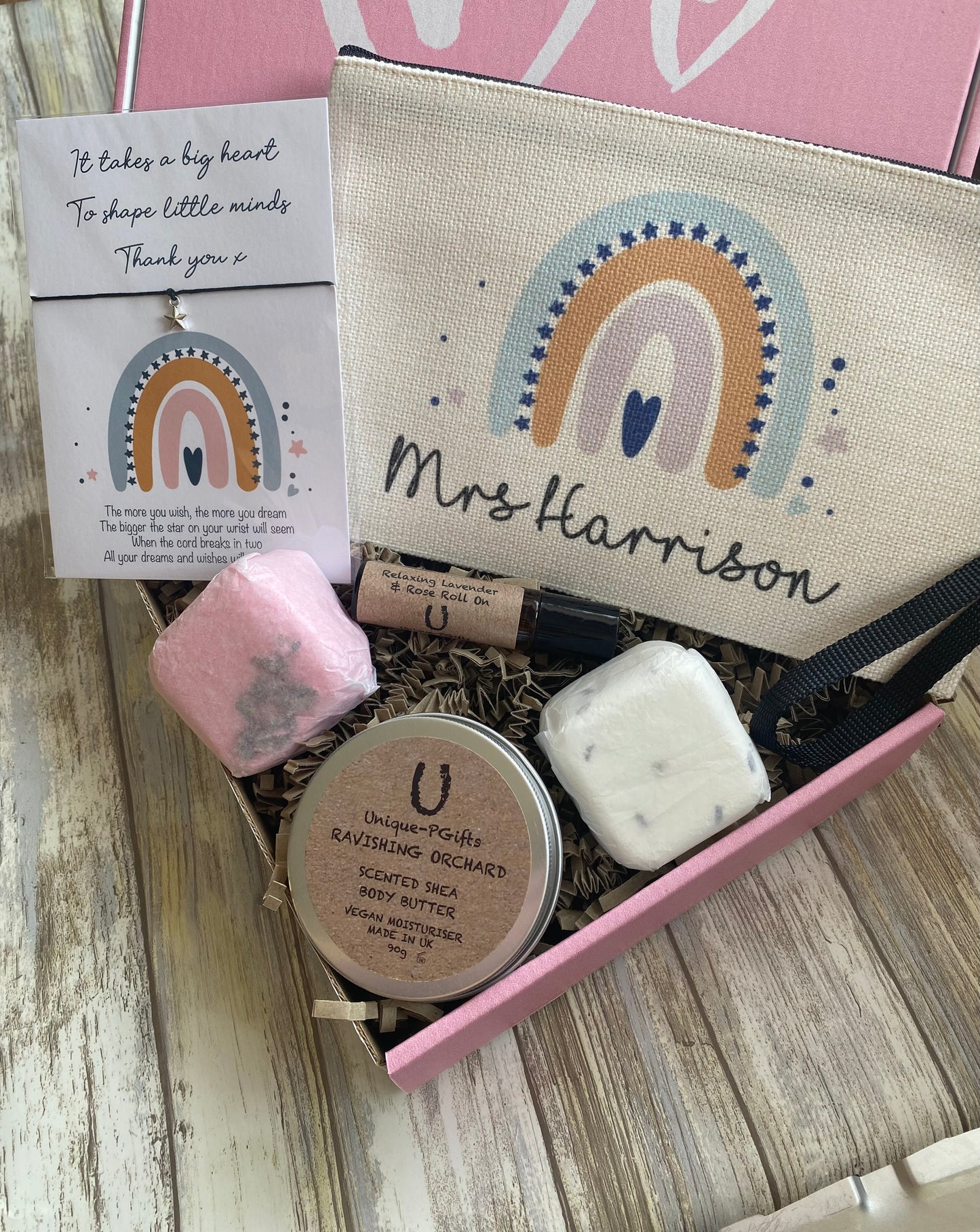 Personalised teacher thank you gift set with pouch, bath melts, and vegan body butter