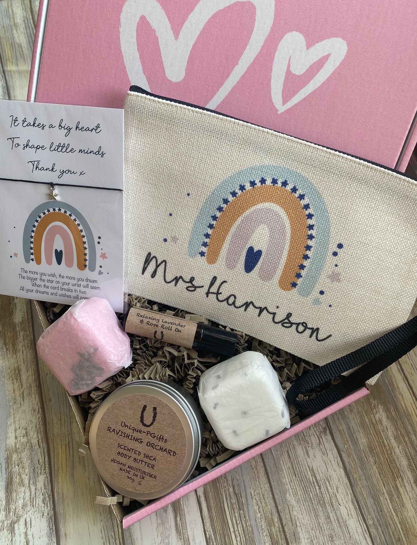 Teacher gift box with rainbow pouch, bath products, and thank you card, personalized gift set