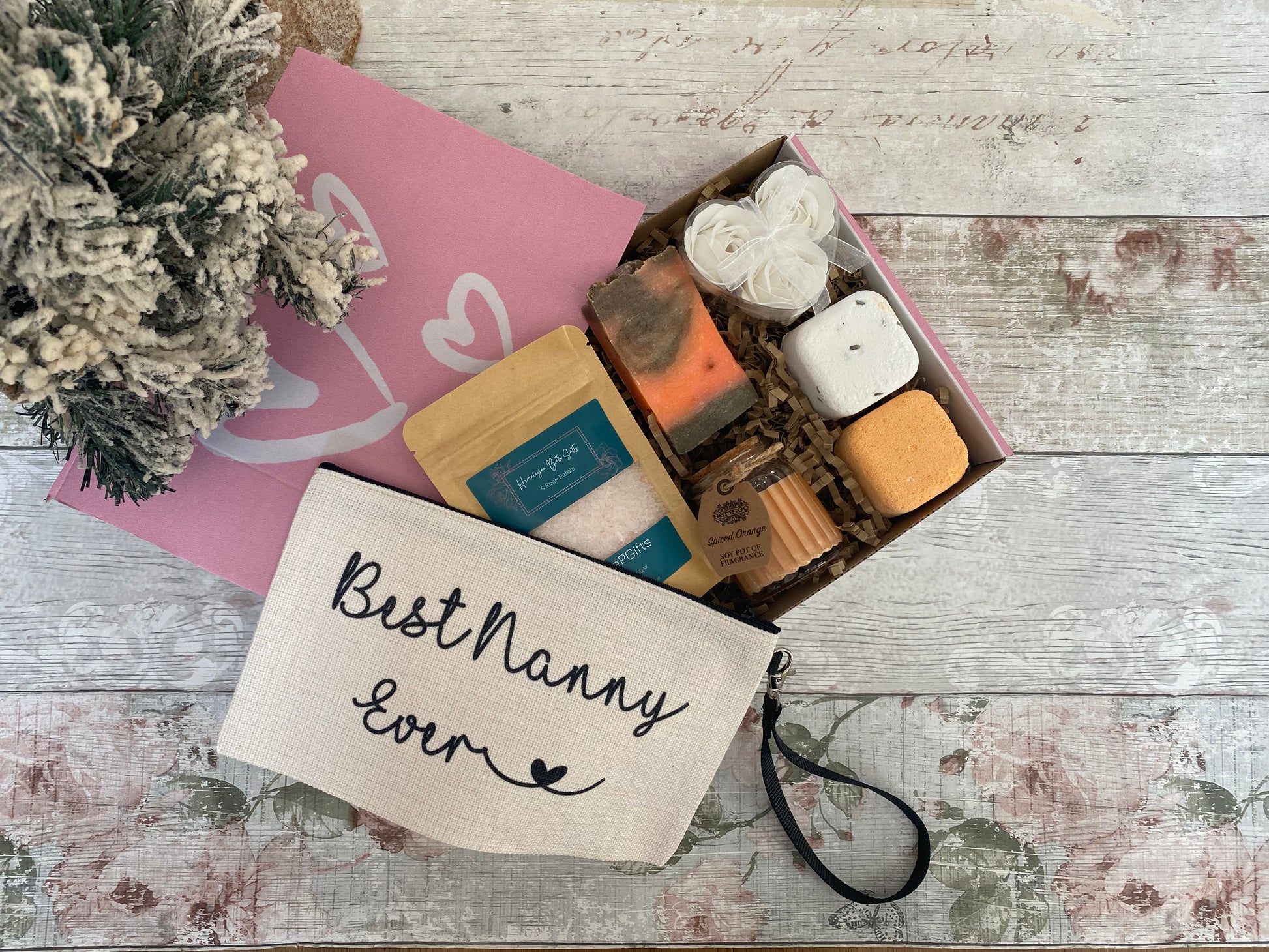 Unique personalised gift set for nanny featuring bath bombs, soy candle, soap, and spa pouch – luxury relaxation hamper handmade in the UK