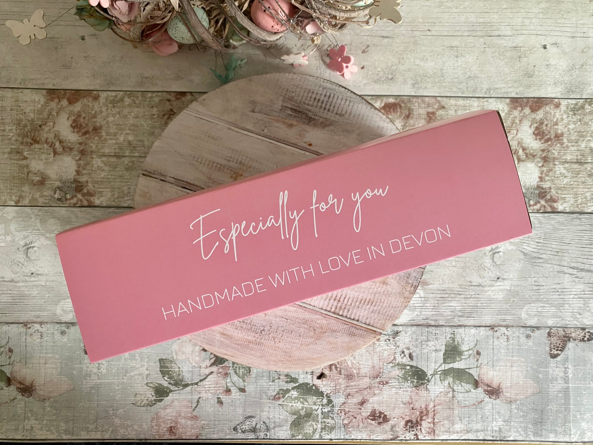 Pink gift box with “Especially for you – Handmade with love in Devon” text – unique personalised gift packaging for luxury handmade gifts