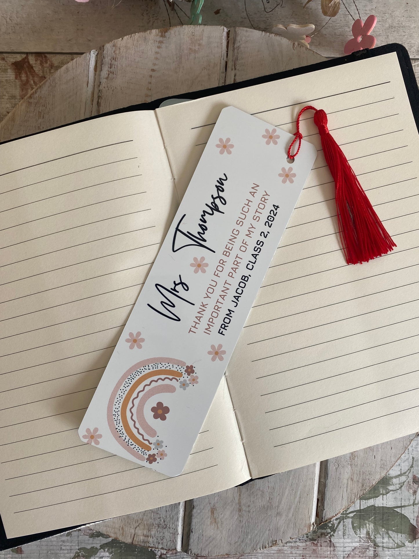 Custom teacher bookmark for end of term – pastel rainbow design with “Thank you for being such an important part of my story” message, ideal gift from a child to their teacher.