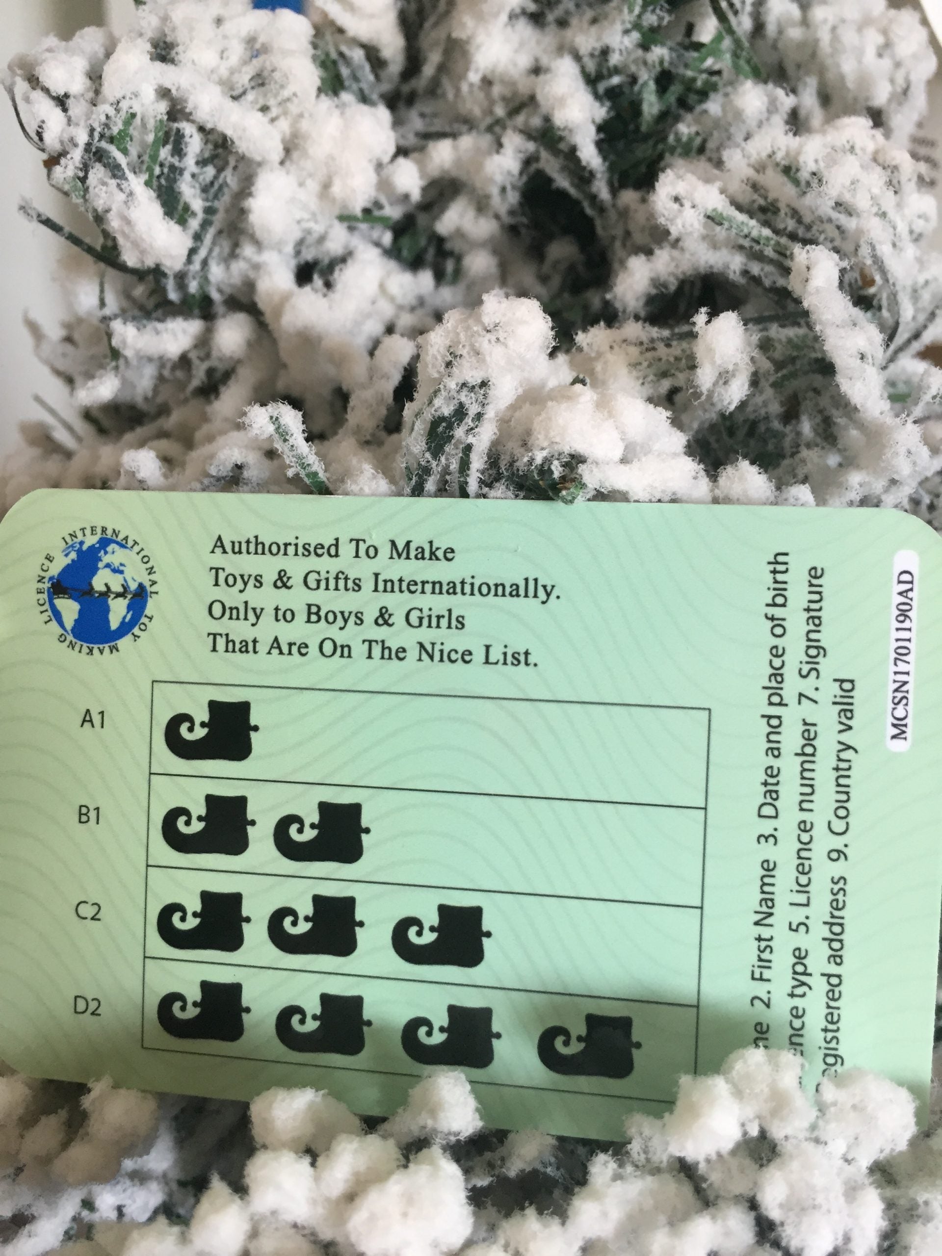 Back of Elf Toy Making Licence.