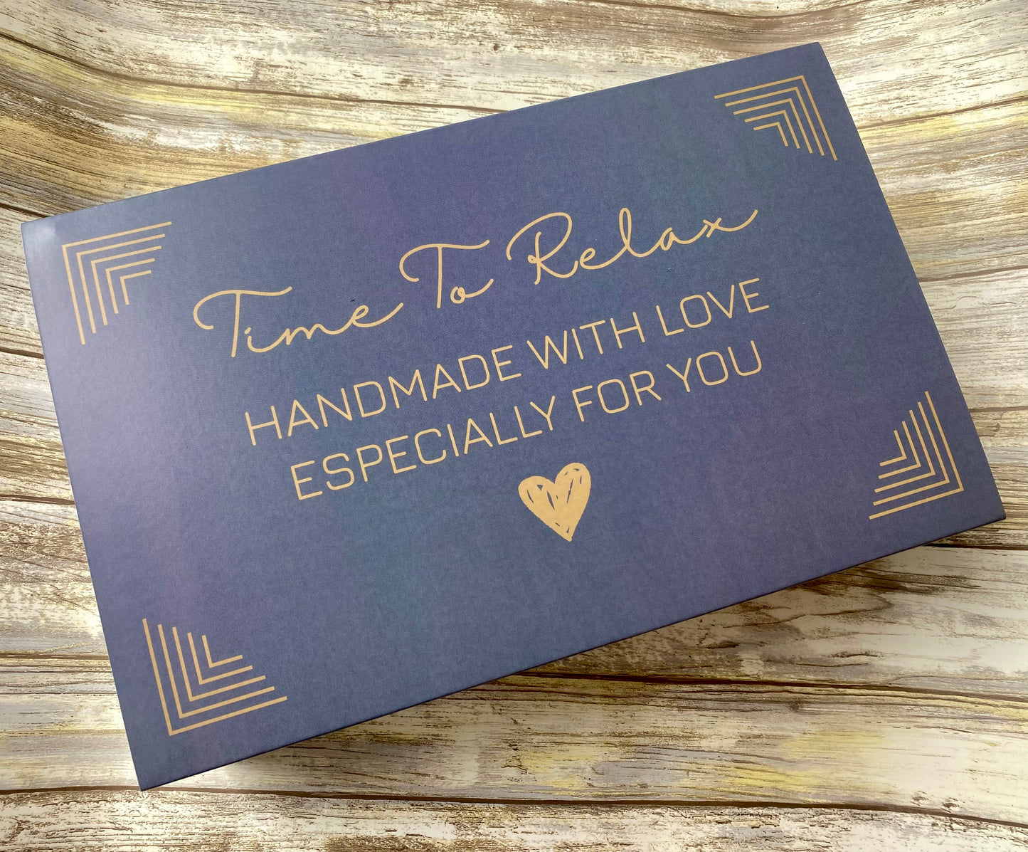 Time to Relax navy gift box with gold text, handmade gift for her, spa or relaxation gift