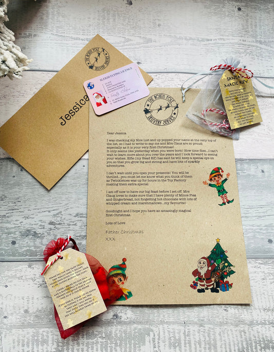 Personalised letter and envelope with Christmas-themed decorations on a wooden surface