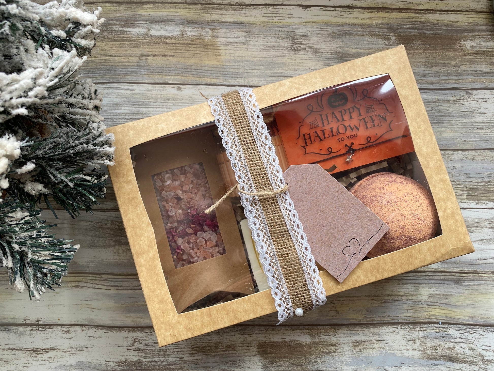 Halloween Pamper Gift Hamper with Gift tag and ribbon.