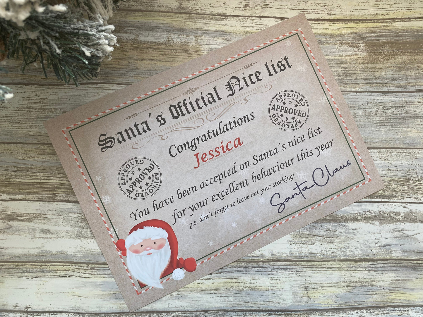 Certificate from Santa on a wooden surface