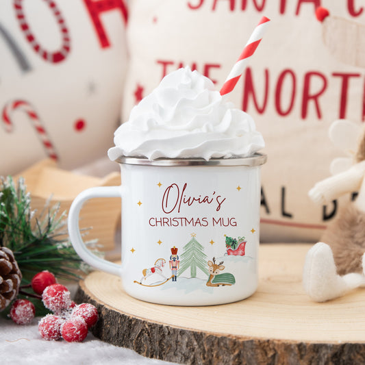 Personalised kids Christmas enamel mug – Unique festive mug with name and cute Christmas characters, perfect stocking filler or gift