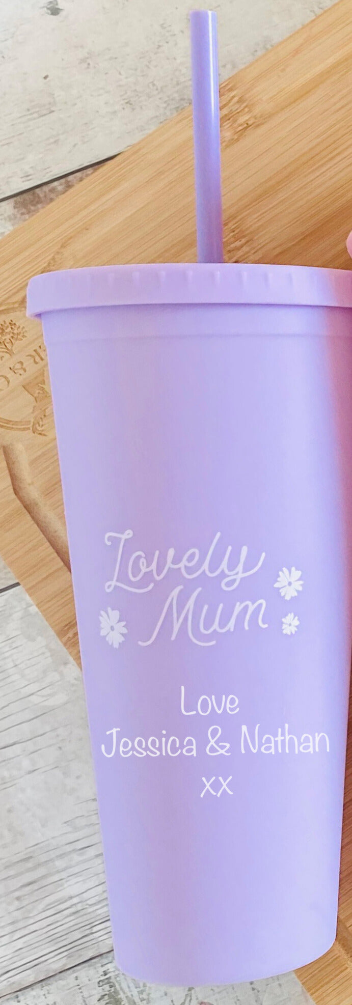 Lilac personalised cold cup with straw, featuring 'Lovely Mum' message and custom text from children, ideal Mother's Day or birthday gift