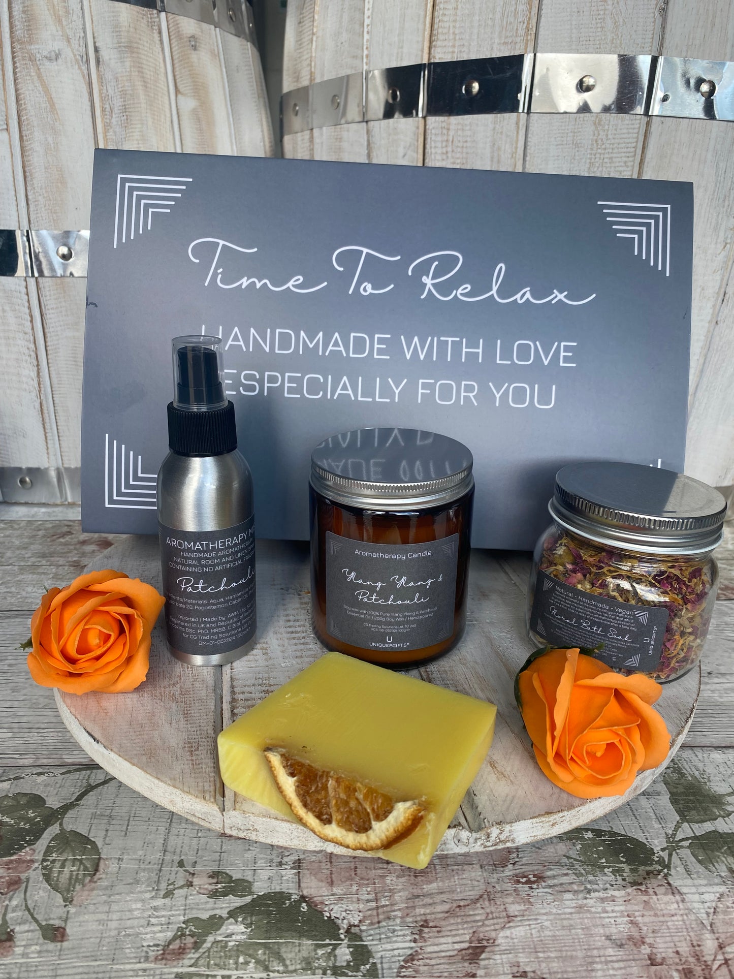 Luxury handmade pamper gift set for her – includes candle, mist, soap, and bath soak, perfect for birthdays or special occasions