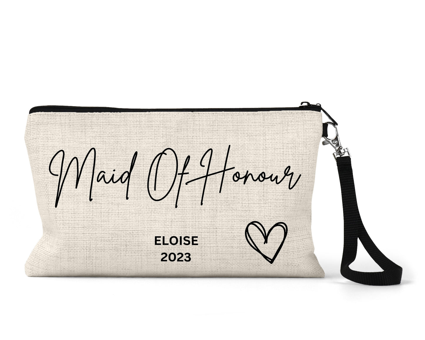 A cream-colored canvas zippered clutch bag with black text that reads "Maid Of Honour" in a cursive font. The name "Eloise" and the year "2023" are printed in bold, and a hand-drawn-style heart is featured. The bag has a black wrist strap attached with a metal clip.