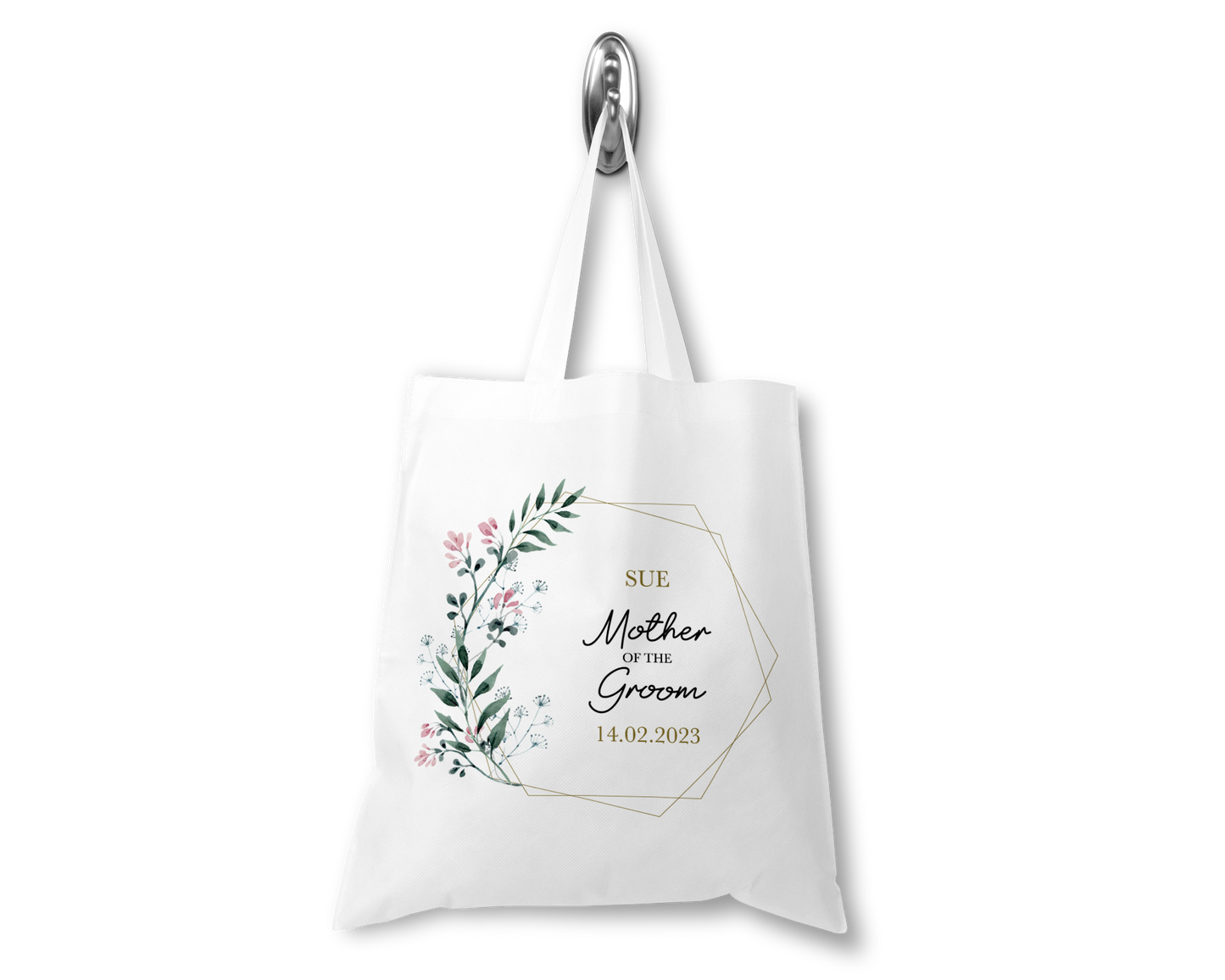 White tote bag with floral design and text on a white background