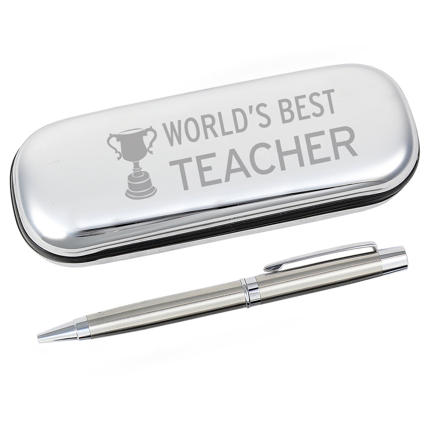 Silver pen case with 'World's Best Teacher' engraving and a pen on a white background