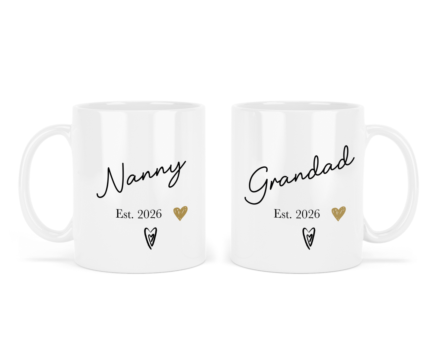 Two personalised white mugs with 'Nanny Est. 2026' and 'Grandad Est. 2026' text on a white background
