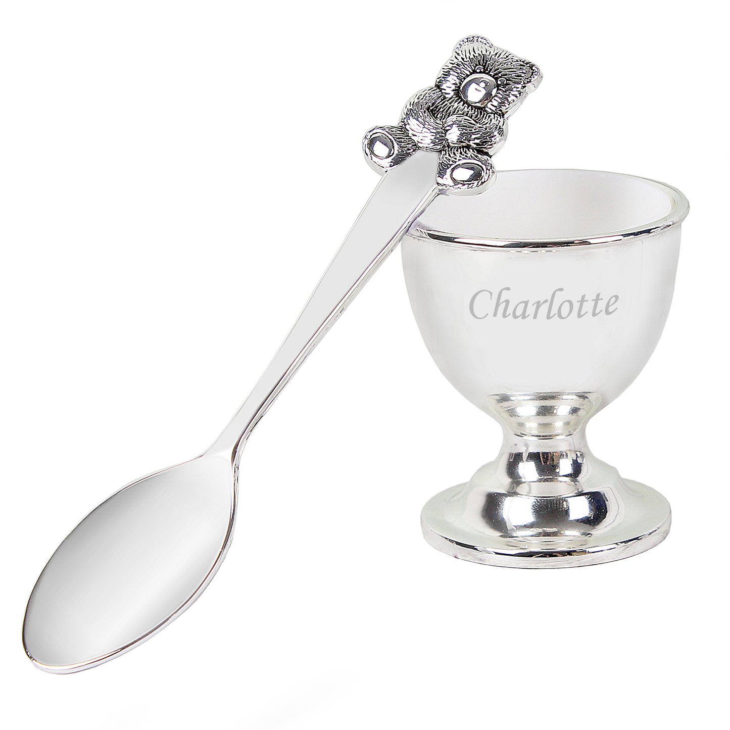 Personalised Silver egg cup with spoon and decorative handle on a white background