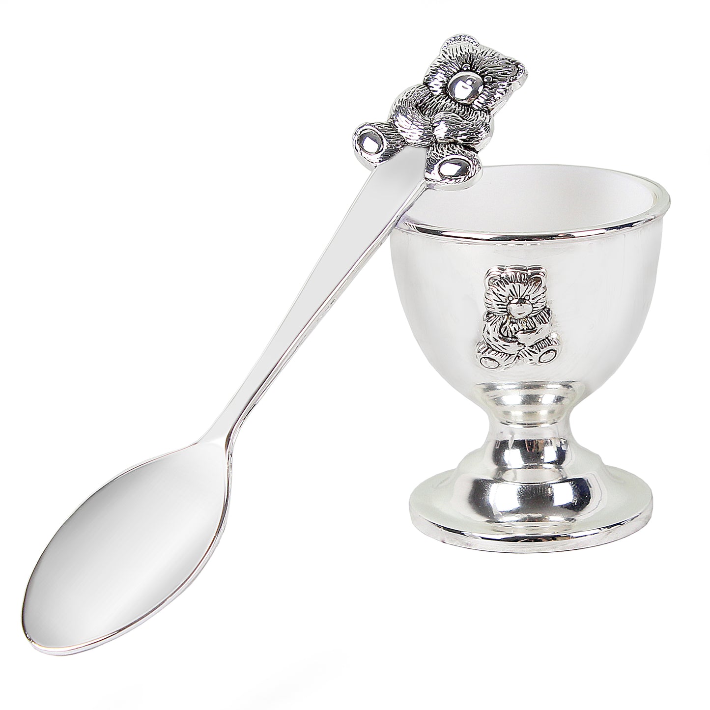 Personalised Silver egg cup with spoon on a white background
