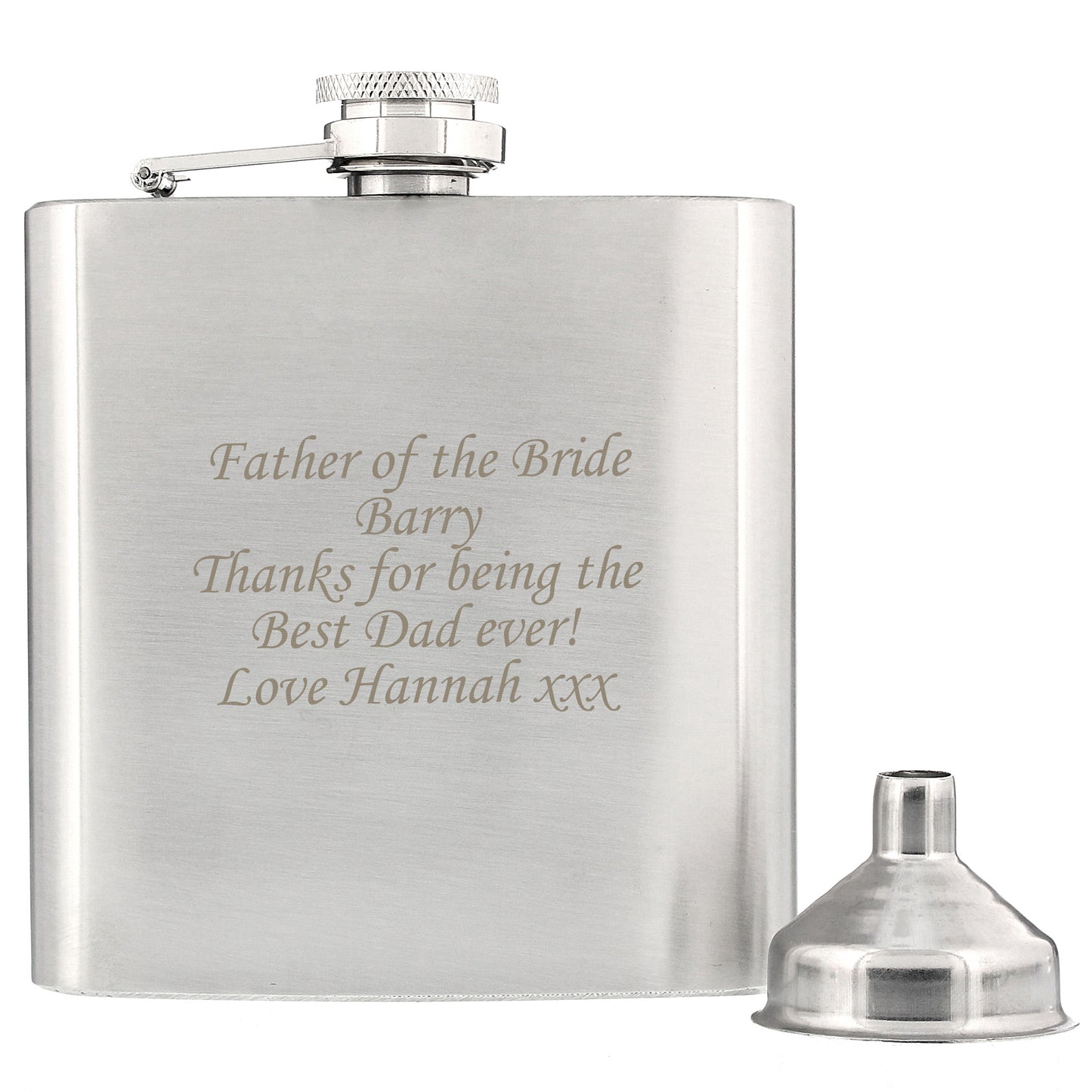 Stainless steel flask with engraved message on a white background