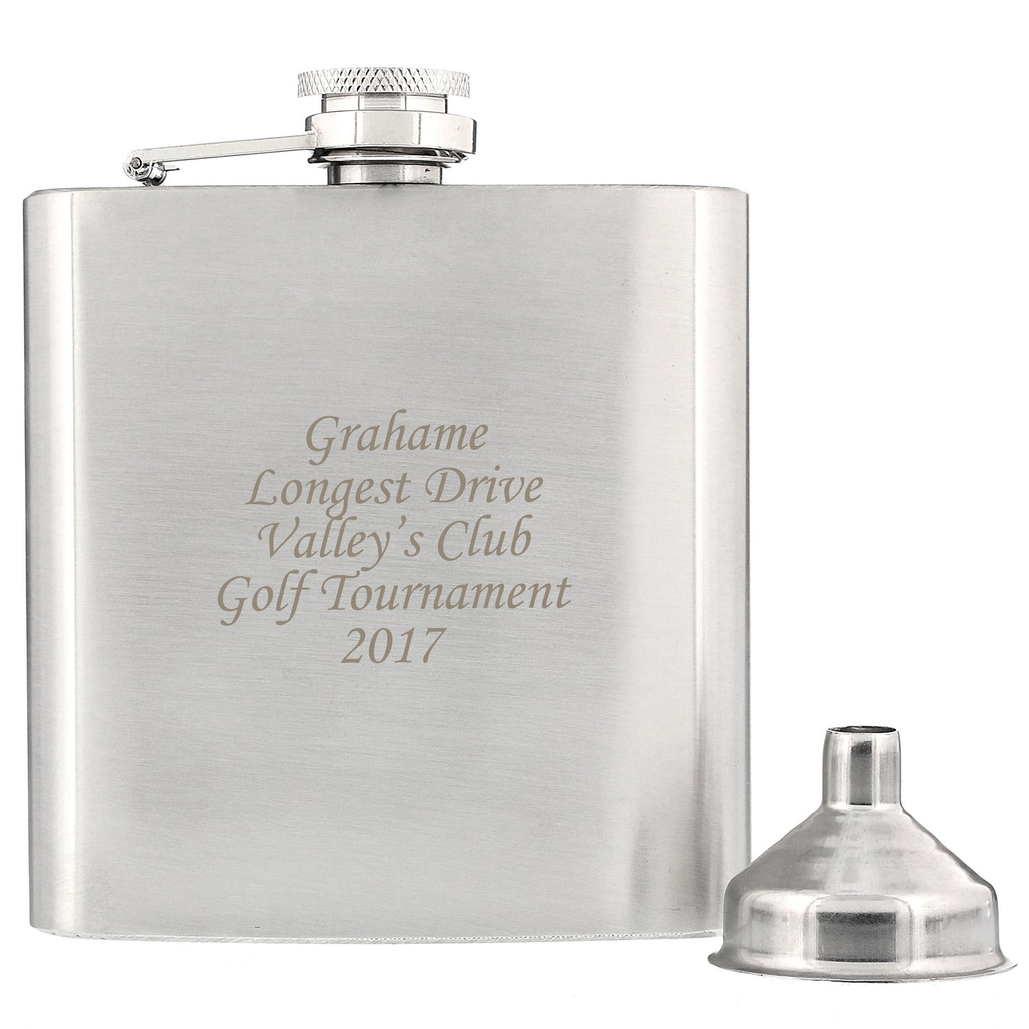 Silver hip flask with engraved text and a funnel on a white background