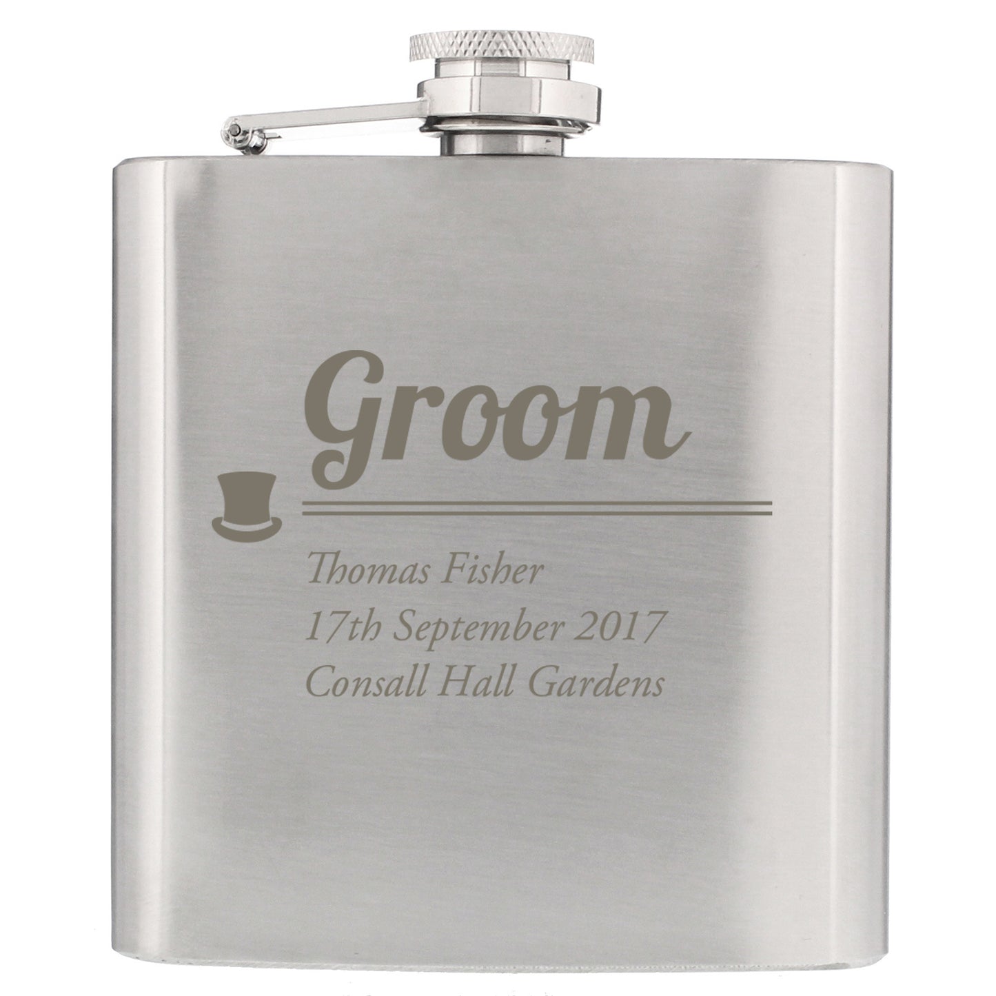 Stainless steel flask engraved with 'Groom' and personalised details on a white background