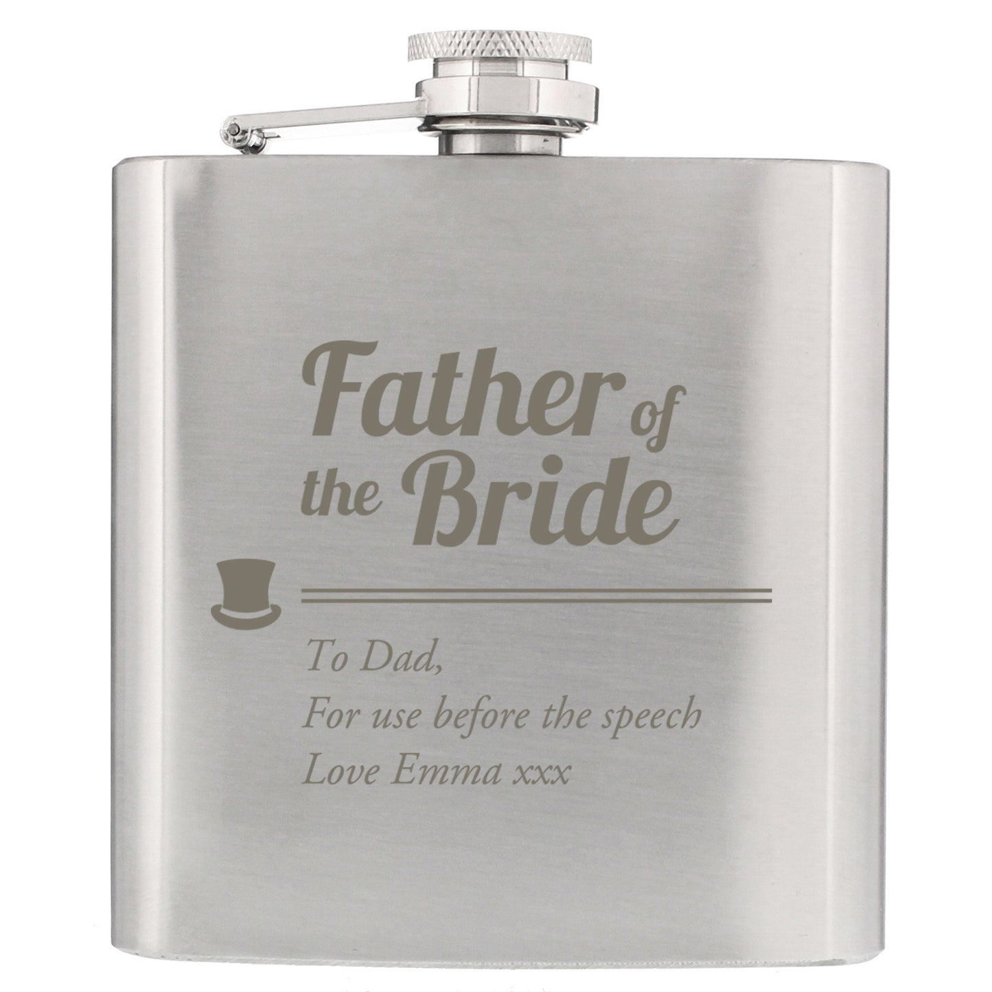Stainless steel flask engraved with 'Father of the Bride' message on a white background