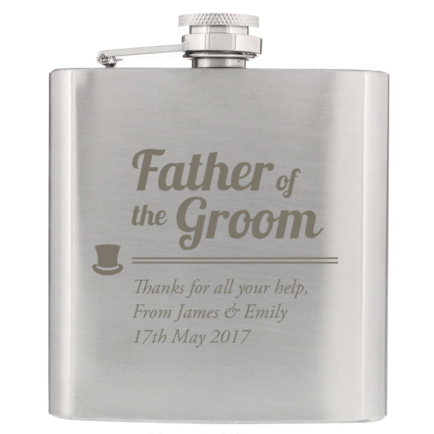 Stainless steel flask engraved with 'Father of the Groom' message on a white background