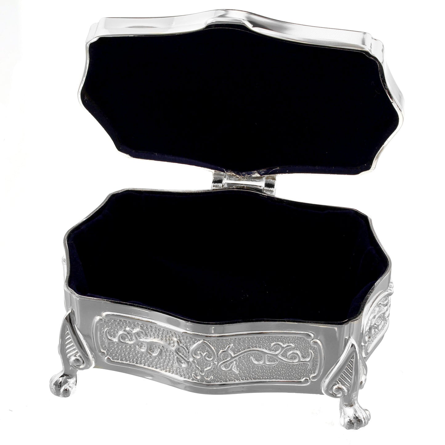 Decorative silver jewellery box with black interior on a white background