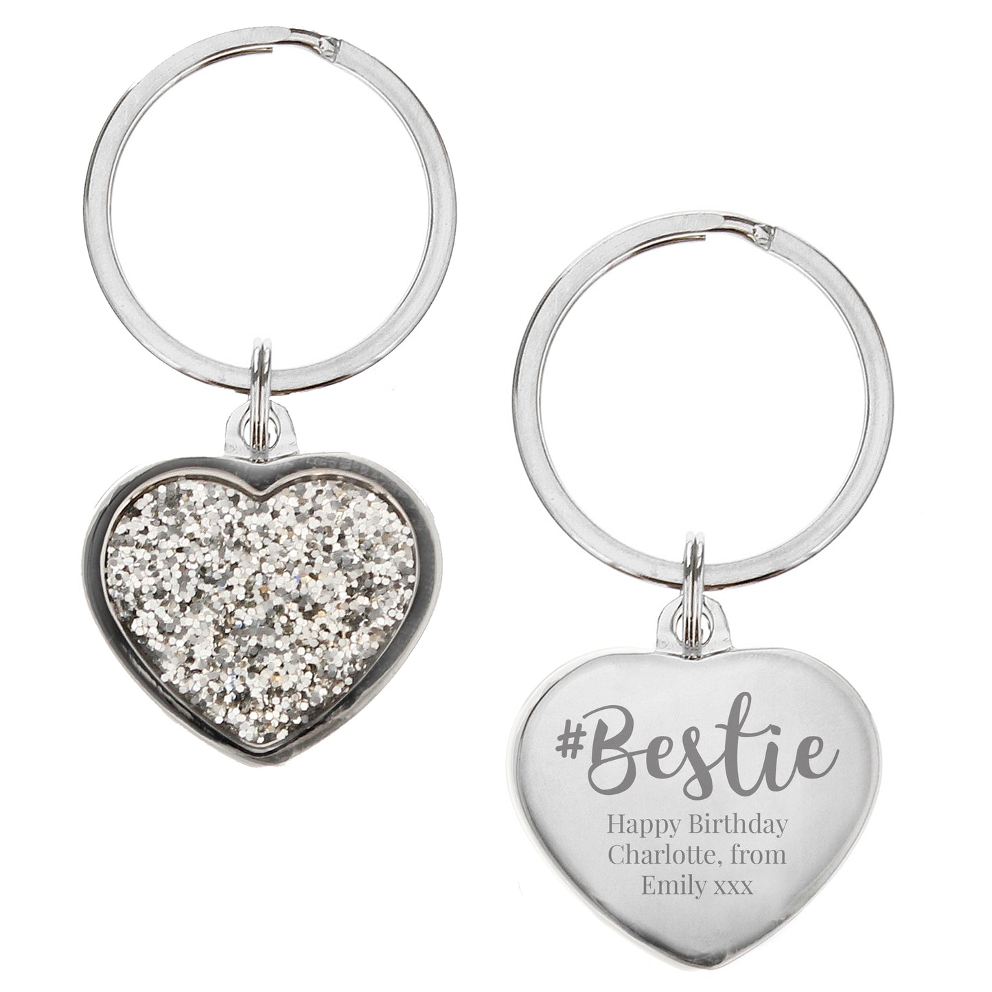 Heart-shaped keychains with glittery heart charm and engraved message on a white background