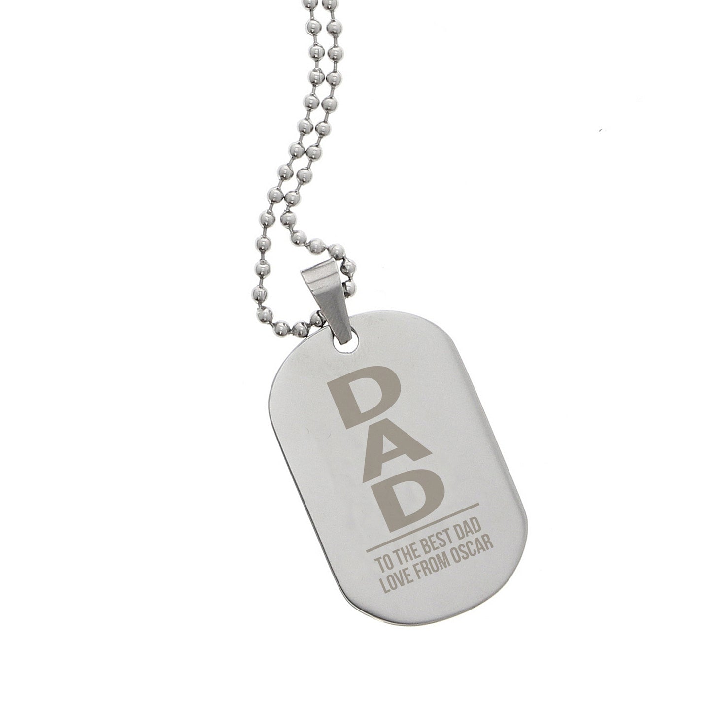 Silver dog tag necklace with 'DAD' engraving on a white background