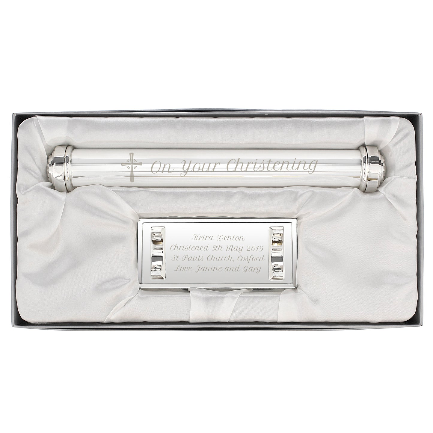 Silver christening candle holder with engraving in a box