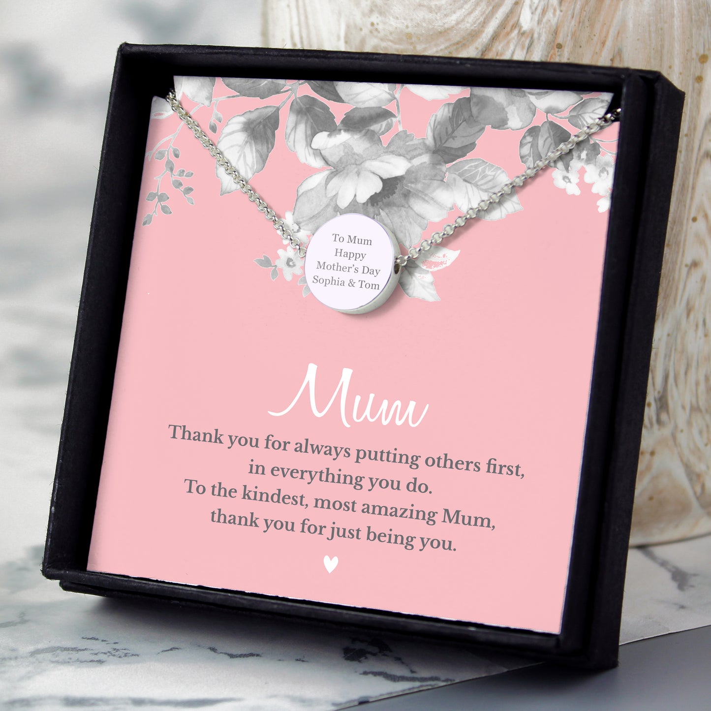 Personalised Necklace in a decorative box with a pink card and floral design
