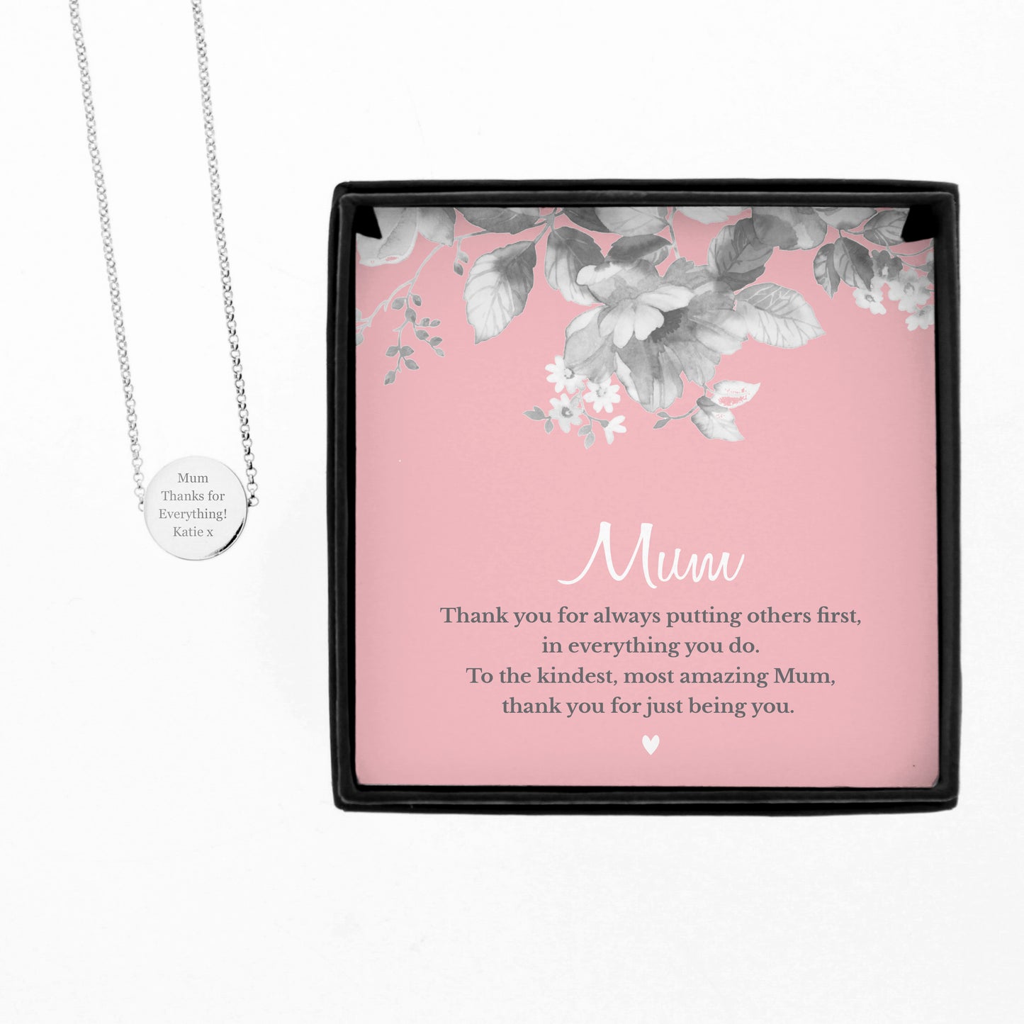 Necklace with a sentimental message card in a decorative box on a white background