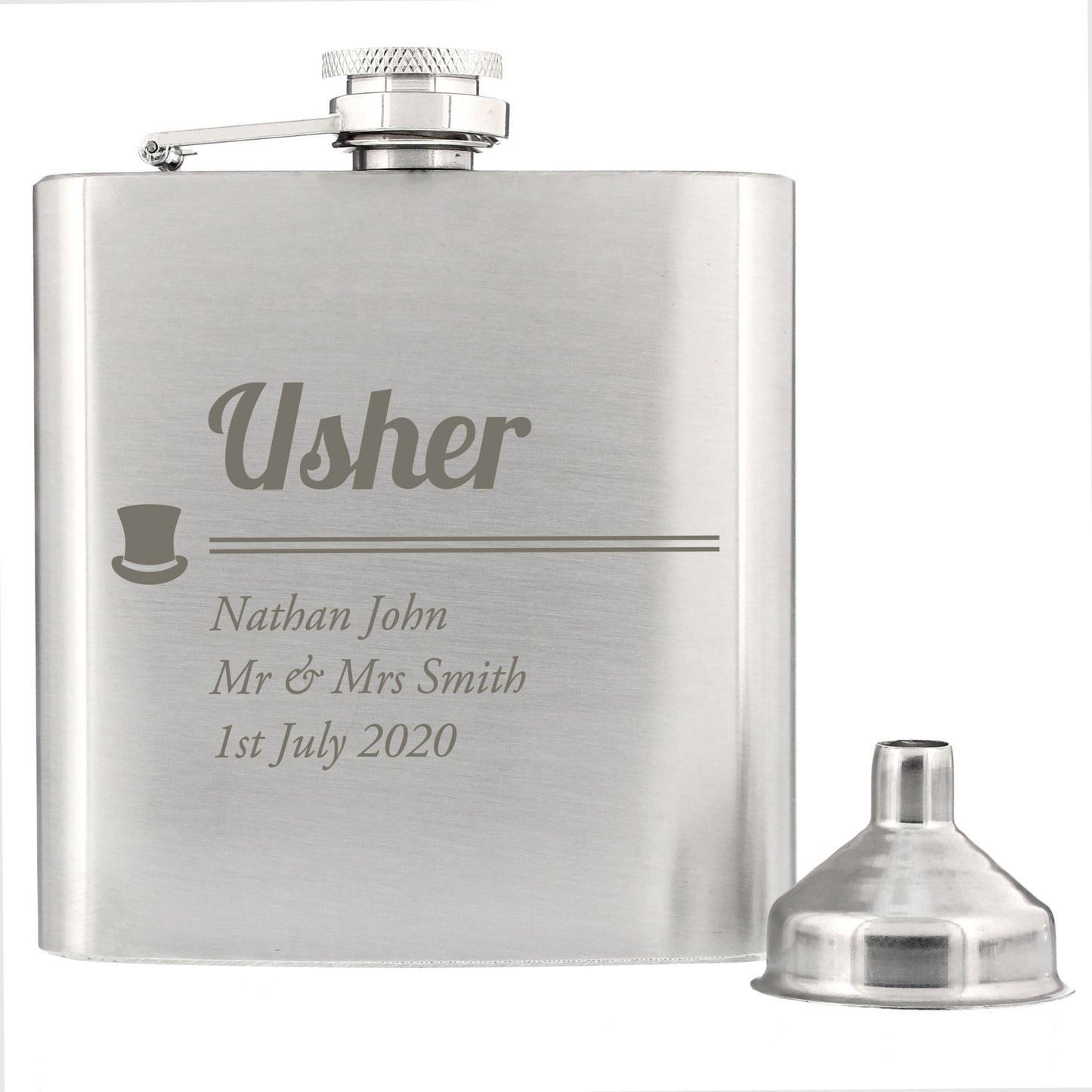 Stainless steel flask with engraved text on a white background