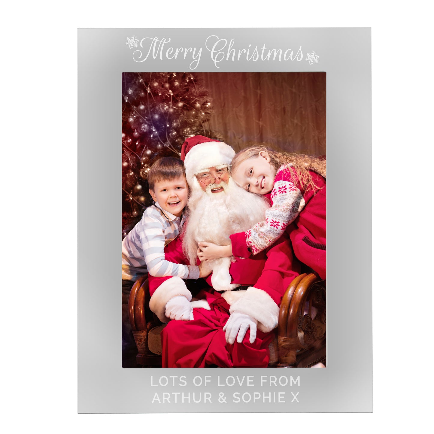 Christmas card with Santa Claus holding two children and 'Merry Christmas' text.