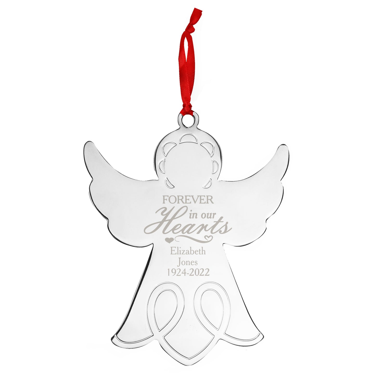 Angel-shaped ornament with red ribbon on a white background