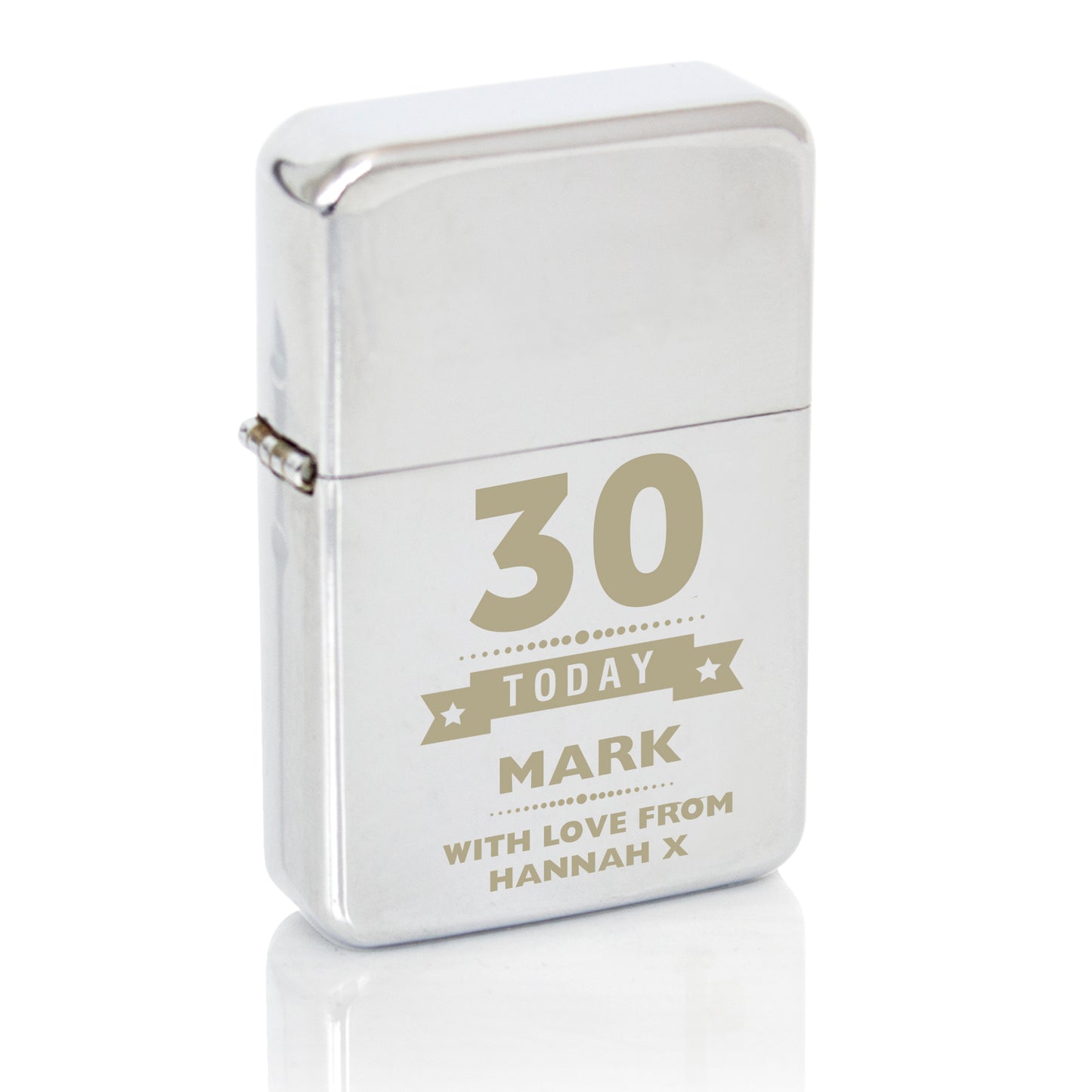 Silver lighter with gold text celebrating a 30th birthday, on a white background