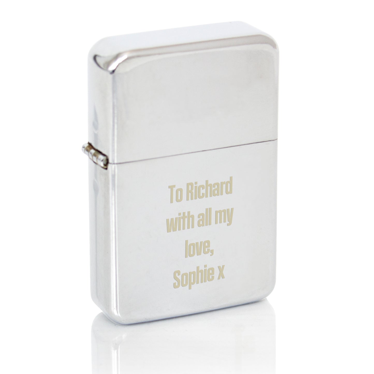 Silver lighter with engraved text on a white background