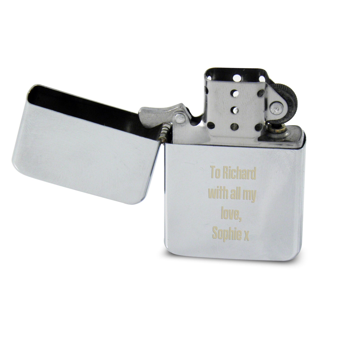 Chrome lighter with engraved text on a white background