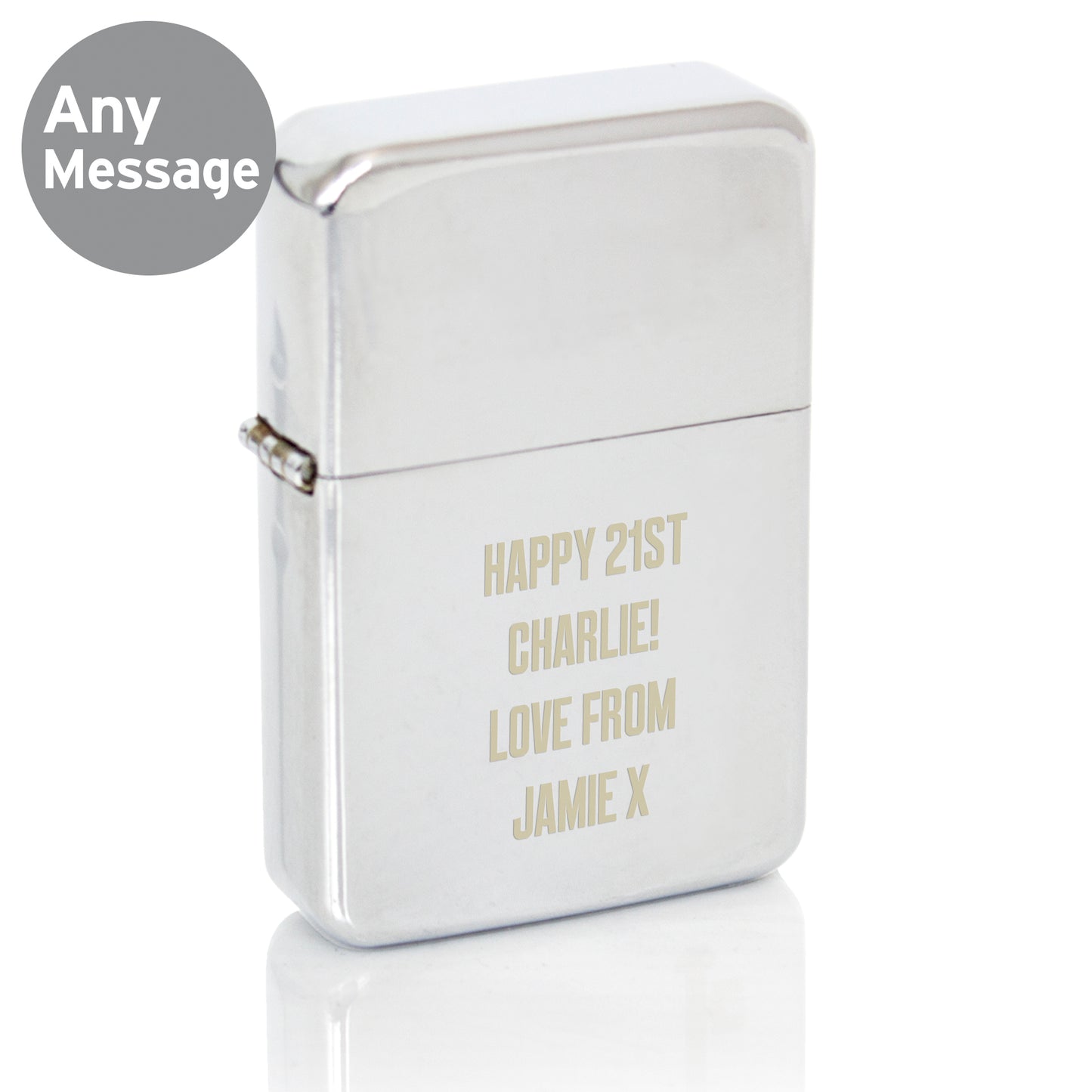 Personalised lighter with gold text on a white background