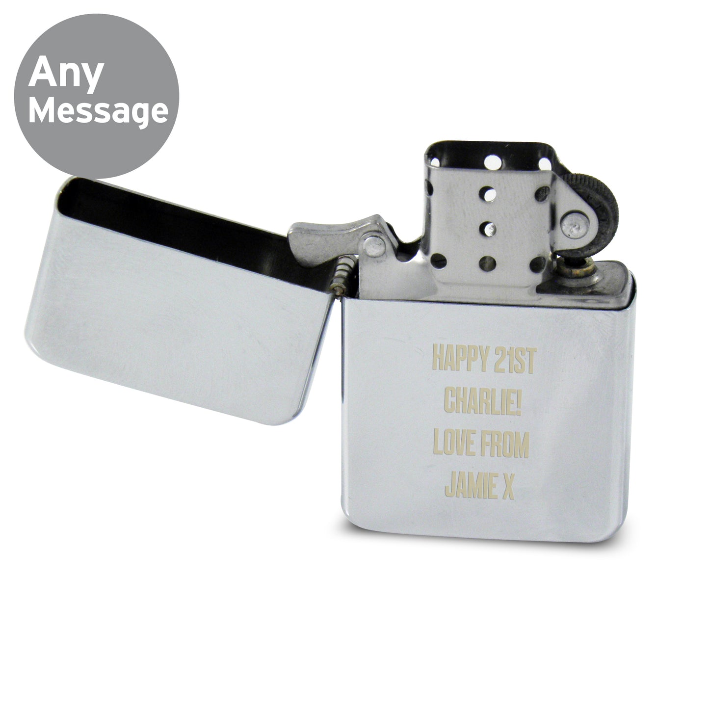 Chrome lighter with personalised message on a white background