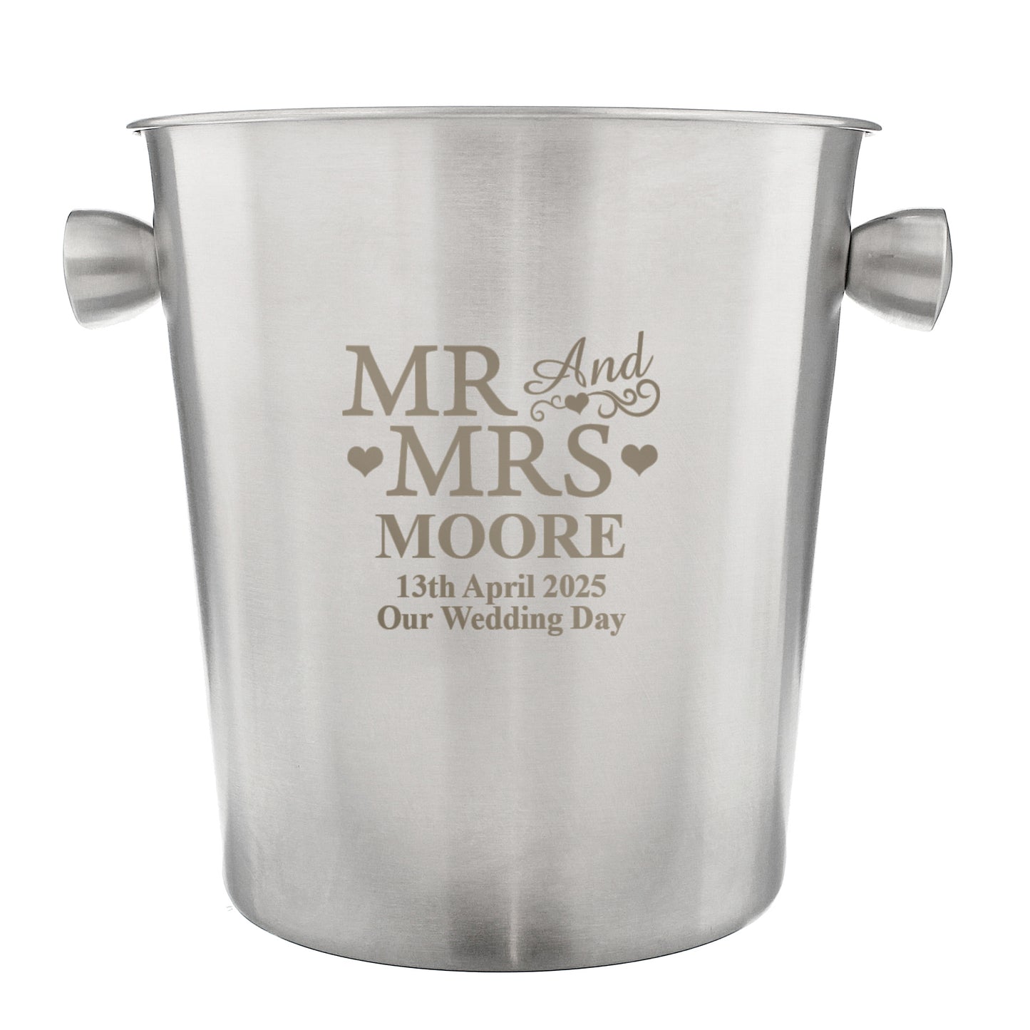 Stainless steel ice bucket with engraved text 'MR AND MRS MOORE 13th April 2025 Our Wedding Day' on a white background.