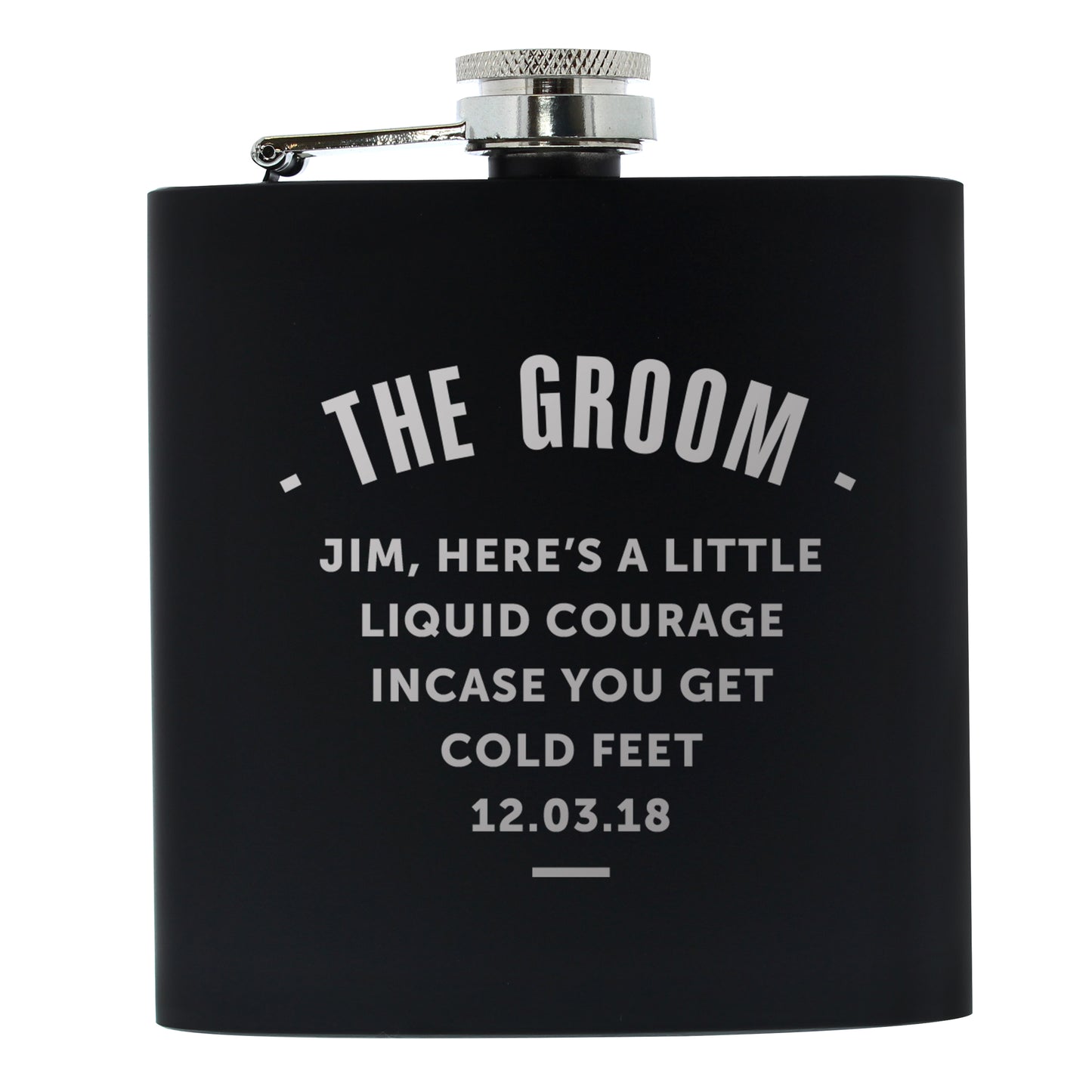Black flask with white text personalised for 'The Groom' on a white background