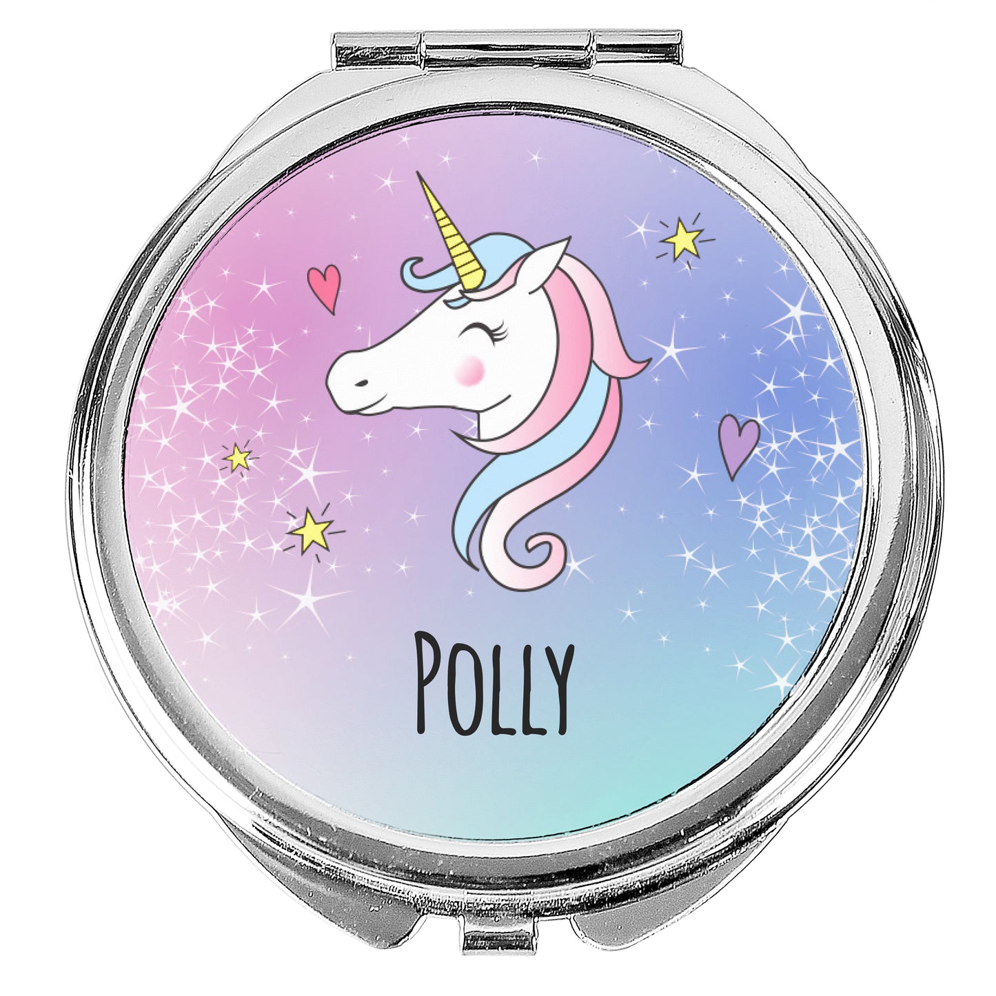 Compact mirror with a unicorn design and the name 'Polly' on a pastel gradient background.